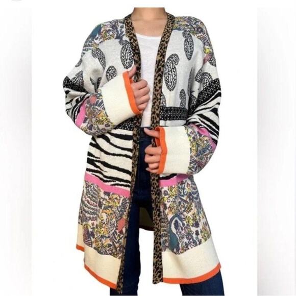 Anthropologie Bicolage Cardigan Sweater Multi Color Paisley Animal Print XSP - Picture 2 of 9